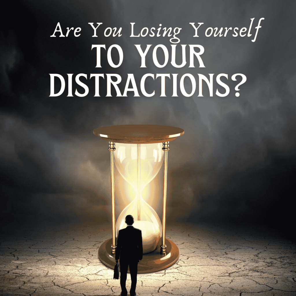 A lone individual stands before a giant glowing hourglass under stormy skies, with the text “Are You Losing Yourself to Your Distractions?”—evoking adult ADHD challenges and the struggle to remain focused.