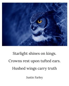 a image that contains a 5 7 5 bird haiku poem about owls with tufts and soundless fliers. It also has an image of a great-horned owl at night at the top of the image. The short haiku reads: "Starlight shines on kings. / Crowns rest upon tufted ears. / Hushed wings carry truth.. // Justin Farley"