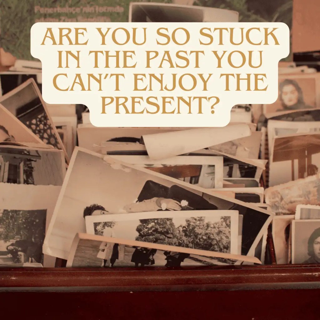 a featured image for a post and short haiku poem about letting go of the past and living in the present. The image is a trunk full of old photos, symbolizing old memories and has text overtop the image that reads: "Are you so stuck in the past you can't enjoy the present?"