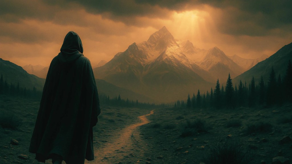 Cloaked traveler on a rocky path toward sunlit mountain peaks as beams break through storm clouds; dark evergreens line the valley, cinematic and mythic mood.